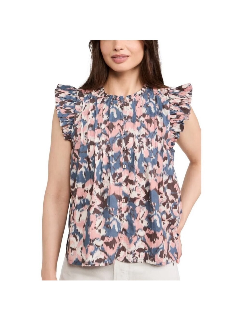 Celeste Pink, Black & Cream Printed Ruffle-Sleeve Blouse